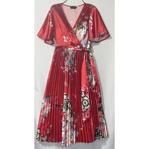 VTG PRETTYLITTLETHING Vibrant Red Floral Pleated Dress Size 4
